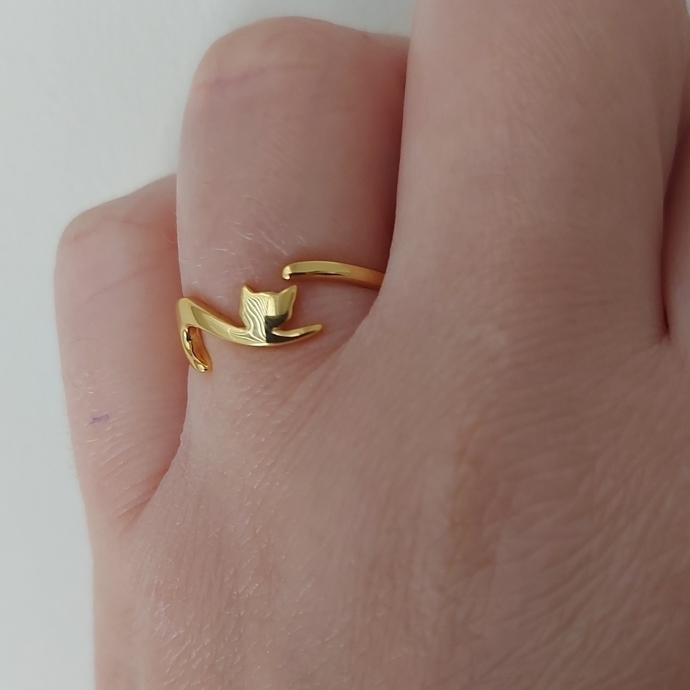 Gold Plated 925 Sterling Silver Cat Adjustable Ring - Picture 5 of 8